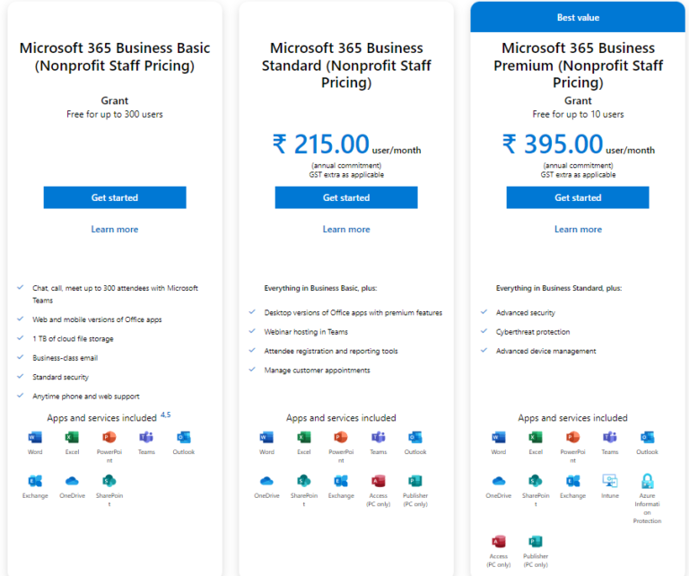 microsoft business plans and pricing