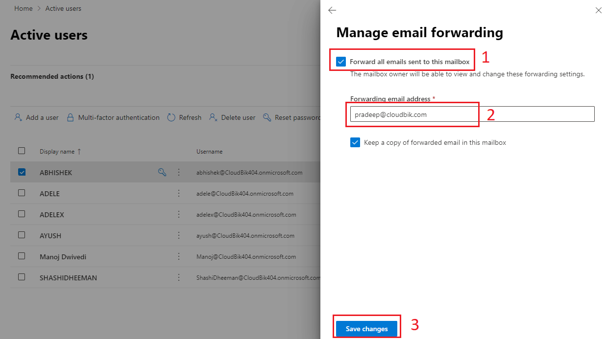 added email forwarding in Office 365