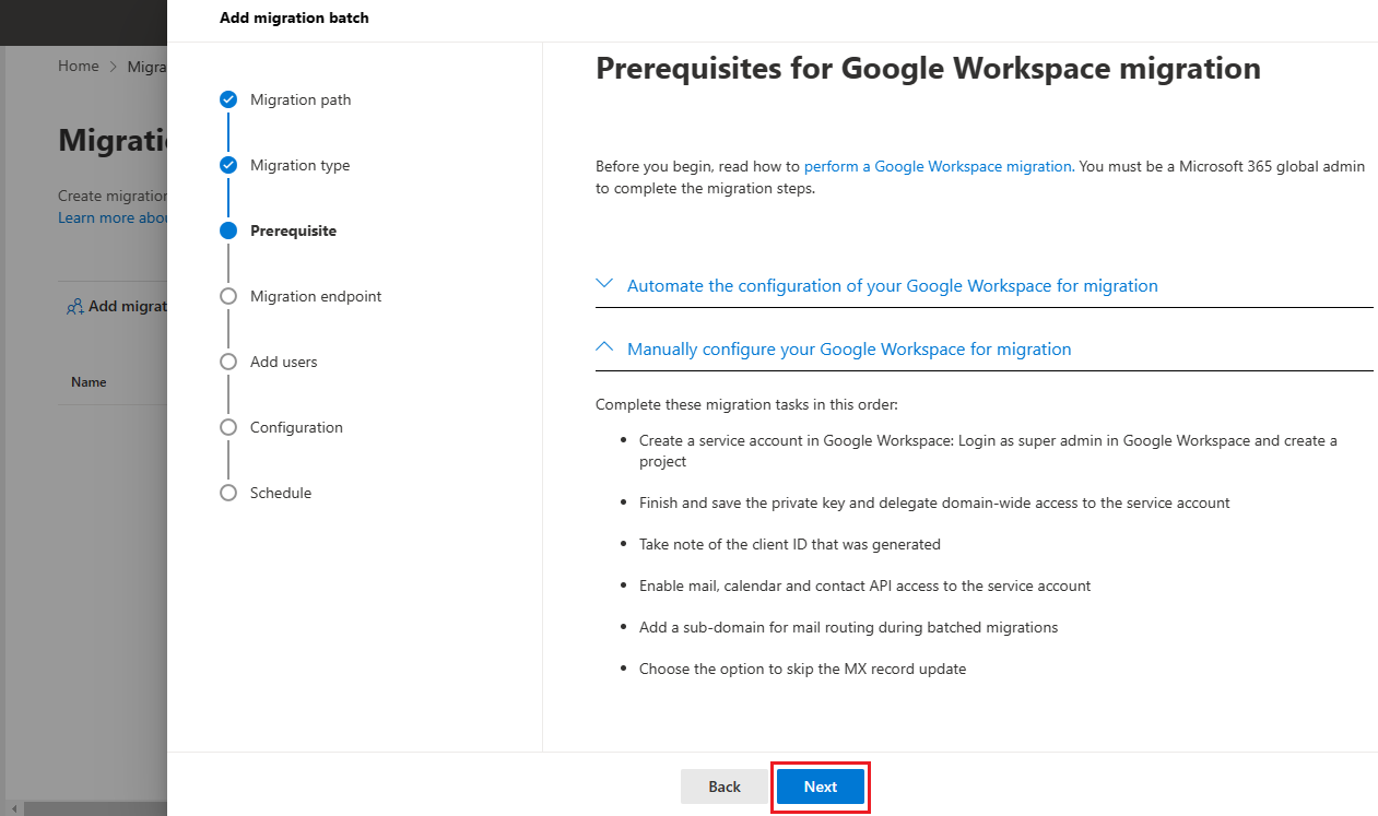 Click next for Google Workspace migration steps