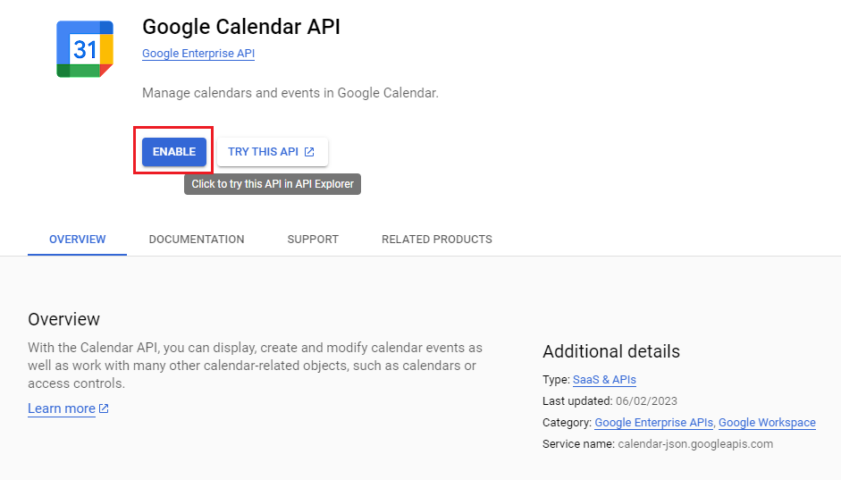 Enable Calendar API
