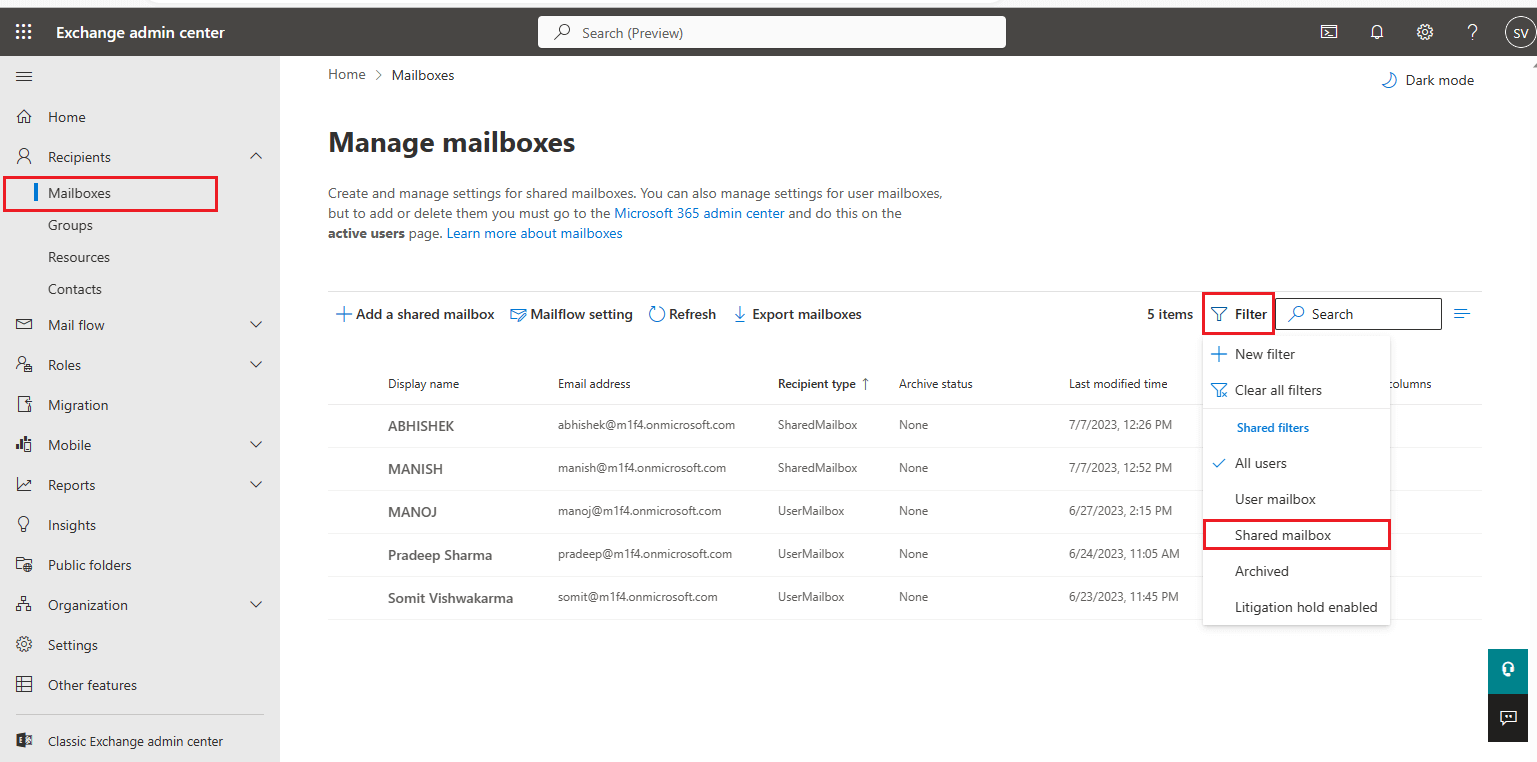 Exchange Admin Center - filter mailbox