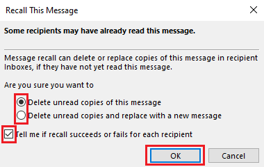 click OK to recall this message