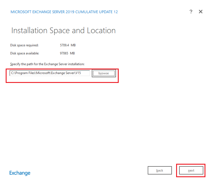 specify the path for Exchange Server 2019 installation