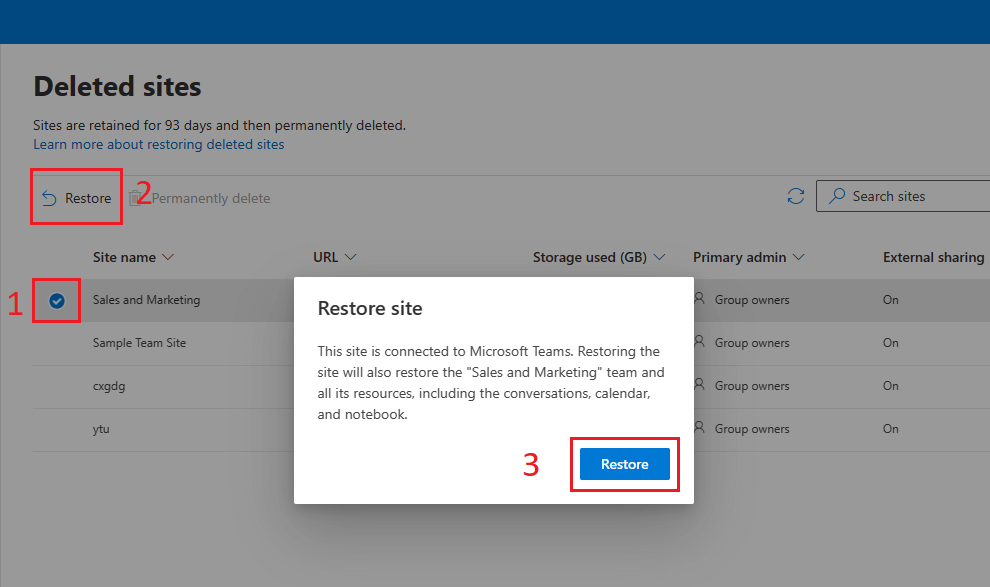 select shareoint site and restore