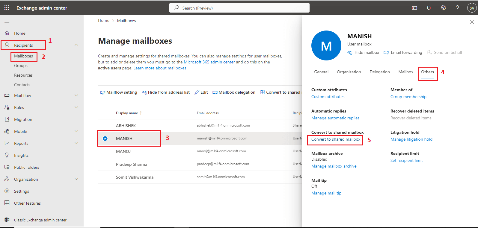 convert mailbox to shared using EAC