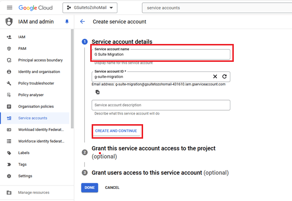 add service account details and click create and continue