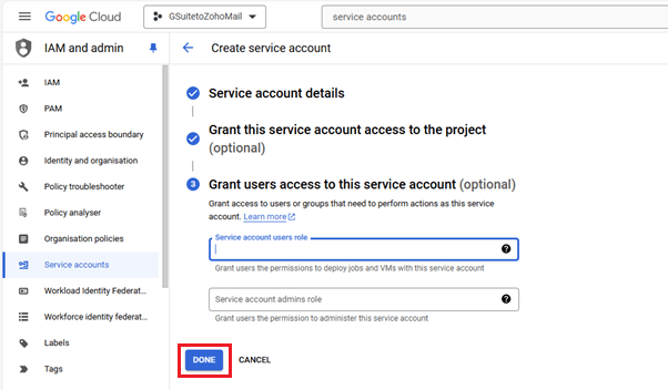 click on done to create service account