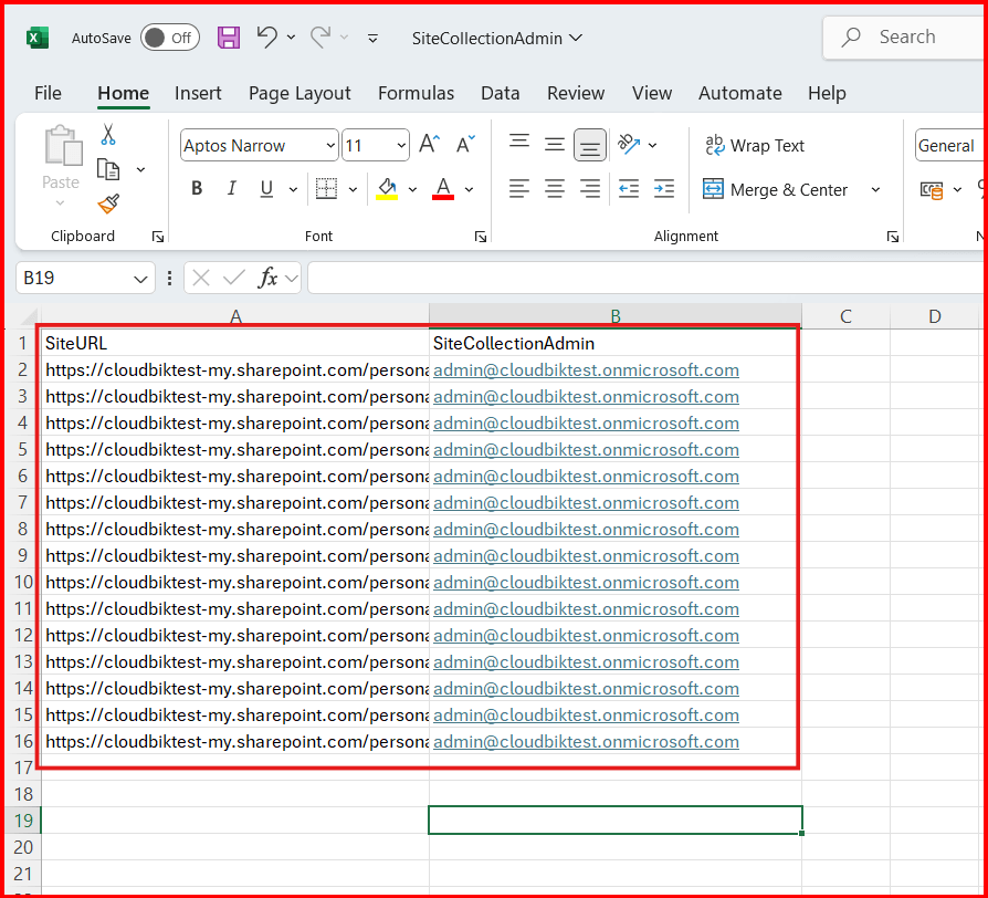 create csv file for site collection admin