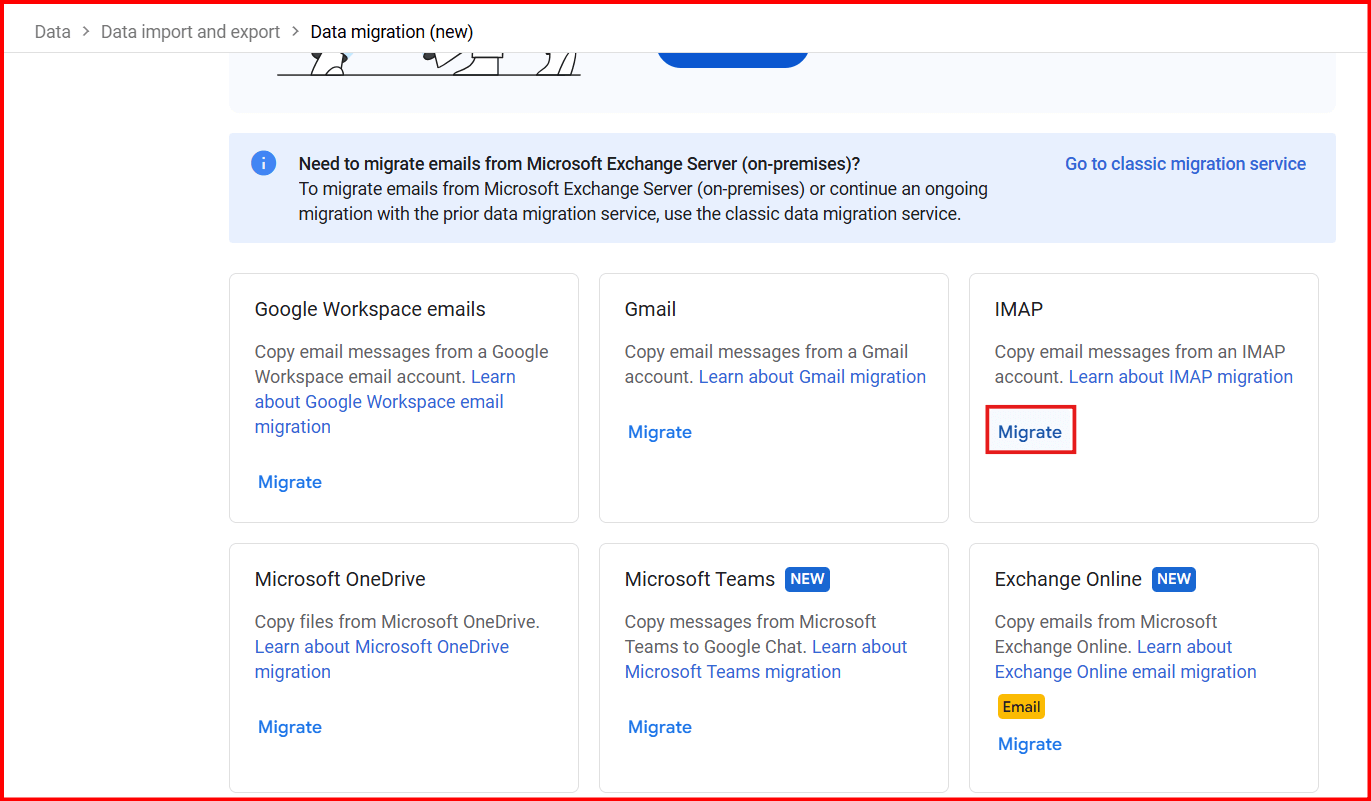 click on migrate under IMAP